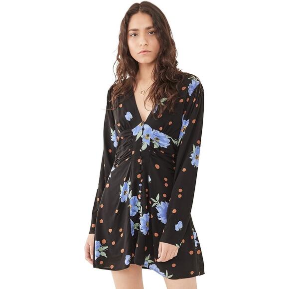 Free People Date Night Mini Dress in Moonlight Combo Black Floral Long Sleeve XS - Picture 1 of 10